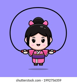 cute girl wearing kimono dress workout cartoon illustration