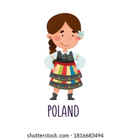 Cute Girl Wearing National Costume of Poland Vector Illustration