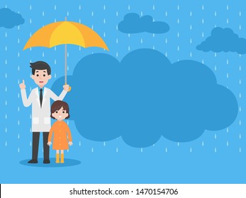 Cute girl wearing orange raincoat with doctor holding yellow umbrella in the rain, Rain sick, Rain drop, Foots bite Medical Health care concept, virus, cloud dark blue background, Cartoon Flat v