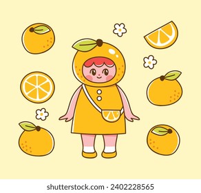 Muchacha linda con un traje de naranja, mandarina o clementina. Ilustración vectorial de una mascota de cítricos adorable con frutas y flores alrededor. Elementos dibujados a mano al estilo de las caricaturas de moda.