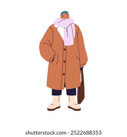 Linda chica con ropa de abrigo en invierno. Mujer joven en abrigo peludo, sombrero caliente, bufanda de lana tejida sostiene el bolso. Persona con ropa de invierno, ropa. Ilustración vectorial aislada plana sobre fondo blanco