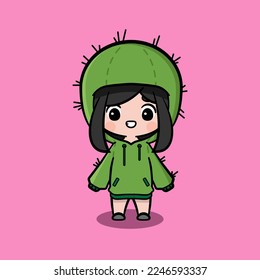 Cute girl wearing oversize jumper. Cactus Character oversize jumper. Cactus Character oversize hoodie. Fit for mascot, children's book, icon, t-shirt design, etc.