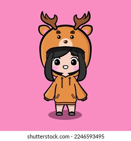 Cute girl wearing oversize jumper. Deer Character oversize jumper. Deer Character oversize hoodie. Fit for mascot, children's book, icon, t-shirt design, etc.
