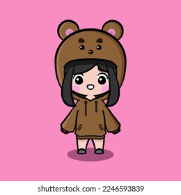 Cute girl wearing oversize jumper. Brown bear character oversize jumper. Brown bear character oversize hoodie. Fit for mascot, children's book, icon, t-shirt design, etc.