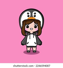 Una chica linda con un saltador de gran tamaño. Carácter pingüino puente de tamaño excesivo. Caracol de pingüino de tamaño excesivo. Apto para mascota, libro infantil, icono, diseño de camisetas, etc.