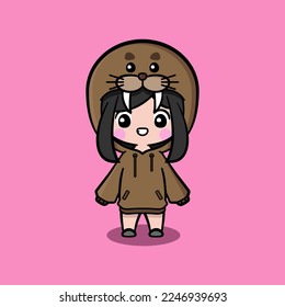 Cute girl wearing oversize jumper. Walrus character oversize jumper. Walrus character oversize hoodie. Fit for mascot, children's book, icon, t-shirt design, etc.