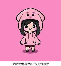 Cute girl wearing oversize jumper. Squid character oversize jumper. Squid character oversize hoodie. Fit for mascot, children's book, icon, t-shirt design, etc.