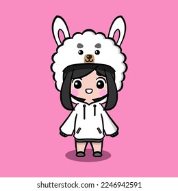 Cute girl wearing oversize jumper. Llama character oversize jumper. Llama character oversize hoodie. Fit for mascot, children's book, icon, t-shirt design, etc.