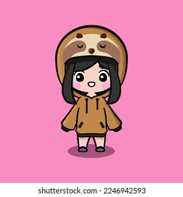 Cute girl wearing oversize jumper. Sloth character oversize jumper. Sloth character oversize hoodie. Fit for mascot, children's book, icon, t-shirt design, etc.