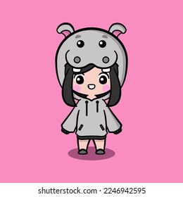 Cute girl wearing oversize jumper. Hippo character oversize jumper. Hippo character oversize hoodie. Fit for mascot, children's book, icon, t-shirt design, etc.