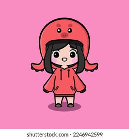 Cute girl wearing oversize jumper. Octopus character oversize jumper. Octopus character oversize hoodie. Fit for mascot, children's book, icon, t-shirt design, etc.