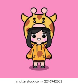 Cute girl wearing oversize jumper. Giraffe character oversize jumper. Giraffe character oversize hoodie. Fit for mascot, children's book, icon, t-shirt design, etc.