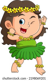 The cute girl is wearing and posing the hawaiian with beautiful flowers on body of illustration