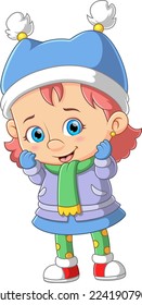 Cute Girl Wearing purple Winter Coat and blue Hat of illustration