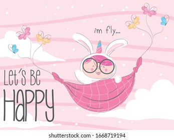 Cute Girl Wearing Rabbit Costume and Flying with  Butterflies