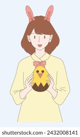 Cute girl wearing rabbit ears hair band, holding Easter painting egg. Hand drawn flat cartoon character vector illustration.