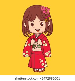 Cute girl wearing red kimono vector illustration,
cartoon chibi