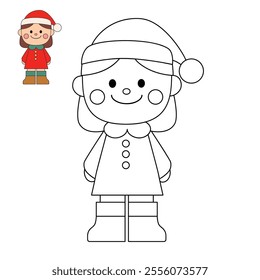 Cute girl wearing santa hat coloring pages for kids. Trace and color Cute girl wearing santa hat christmas character. Holiday seasons worksheet printable for kids. Christmas worksheet.