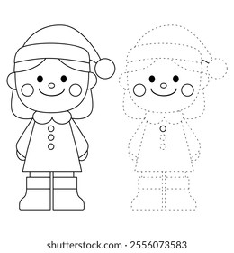Cute girl wearing santa hat coloring pages for kids. Trace and color Cute girl wearing santa hat christmas character. Holiday seasons worksheet printable for kids. Christmas worksheet.