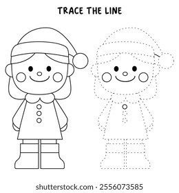 Cute girl wearing santa hat coloring pages for kids. Trace and color Cute girl wearing santa hat christmas character. Holiday seasons worksheet printable for kids. Christmas worksheet.