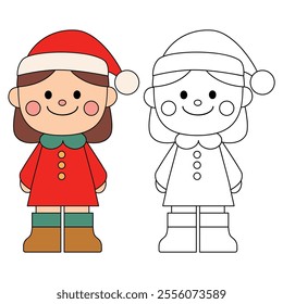 Cute girl wearing santa hat coloring pages for kids. Trace and color Cute girl wearing santa hat christmas character. Holiday seasons worksheet printable for kids. Christmas worksheet.