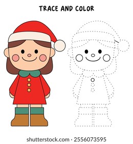 Cute girl wearing santa hat coloring pages for kids. Trace and color Cute girl wearing santa hat christmas character. Holiday seasons worksheet printable for kids. Christmas worksheet.