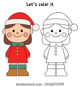 Cute girl wearing santa hat coloring pages for kids. Trace and color Cute girl wearing santa hat christmas character. Holiday seasons worksheet printable for kids. Christmas worksheet.