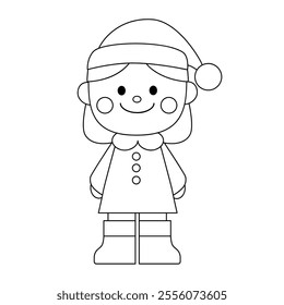 Cute girl wearing santa hat coloring pages for kids. Trace and color Cute girl wearing santa hat christmas character. Holiday seasons worksheet printable for kids. Christmas worksheet.