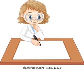 Cute girl wearing scientist uniform writing on blank paper  illustration