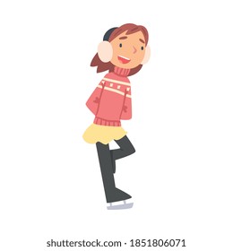 Cute Girl Wearing Skating on Rink Wearing Warm Clothes, Kid Doing Sports, Healthy Lifestyle Concept Cartoon Style Vector Illustration
