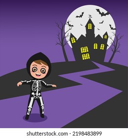 Cute Girl Wearing Skeleton Halloween Costume, Background in Separate Layers For Easy Editing