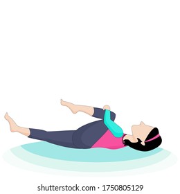 A cute girl is wearing sportswear doing a simple exercise by lying on one leg straight and one knee steep, vector illustration design concept for health care and yoga.