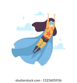 Cute Girl Wearing Superhero Costume, Super Child Character in Blue Mask and Cape Flying Vector Illustration
