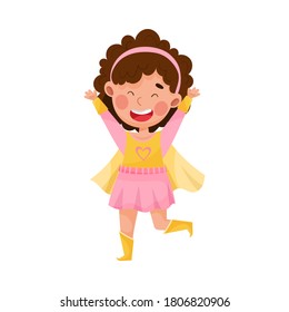 Cute Girl Wearing Superhero Costume Pretending to Have Super Power Vector Illustration