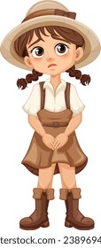 A cute girl wearing suspenders, skirt, and hat with a sad facial expression in a vector cartoon illustration