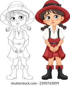 A cute girl wearing suspenders, skirt, and hat with a sad facial expression, depicted in a cartoon style, suitable for coloring pages