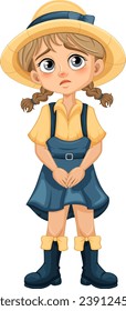 A cute girl wearing suspenders, skirt, and hat with a sad facial expression in a vector cartoon illustration