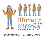 Cute girl wearing winter clothes. Character constructor for animation. Front, side and back view. Body parts and postures collection. Flat cartoon vector illustration isolated.
