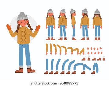 Cute girl wearing winter clothes. Character constructor for animation. Front, side and back view. Body parts and postures collection. Flat cartoon vector illustration isolated.