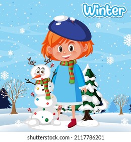 Cute girl wearing winter costume on snow background illustration