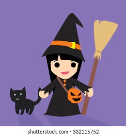 Cute girl wearing witch costume, Halloween concept, vector illustrator cartoon