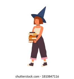 Cute girl wearing witch hat hold pile of magic books or studentbooks. Portrait of young wizard or walking fairy character. Flat vector cartoon childish illustration isolated on white background