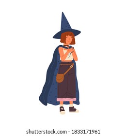 Cute girl wearing witch hat and cloak. Smiling child in costume for Halloween. Portrait of wizard, sorcerer putting on magic clothes. Flat vector cartoon illustration isolated on white background