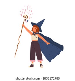 Cute girl wearing witch hat and cloak conjures with magic stick. Young female wizard or sorcerer. Adorable little magician with red hair. Flat vector cartoon illustration isolated on white