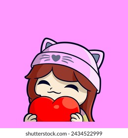 cute girl wears beanie holding heart love cartoon vector emotes 