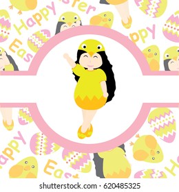 Cute girl wears chick custom on pink circle frame vector cartoon for Easter postcard, wallpaper, greeting card, vector illustration