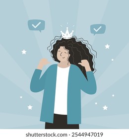 Cute girl wears crown. Metaphor of self love. Successful business woman with self confidence, pointing herself with fingers proud and happy, high self esteem concept. flat vector illustration