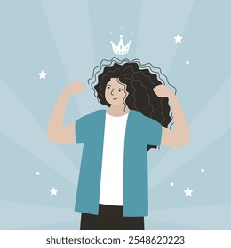 Cute girl wears crown. Metaphor of self love. Successful business woman with confidence, strong feminist woman shows her muscles, high self esteem concept. Female portrait. flat vector illustration