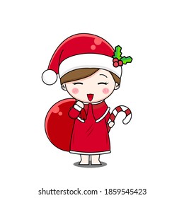 Cute girl wears Santa Claus costume. Vector illustration of chibi character isolated on white background.