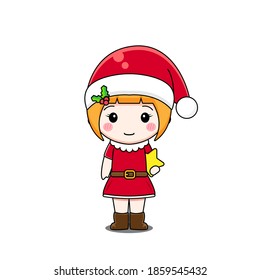 Cute girl wears Santa Claus costume. Vector illustration of chibi character isolated on white background.